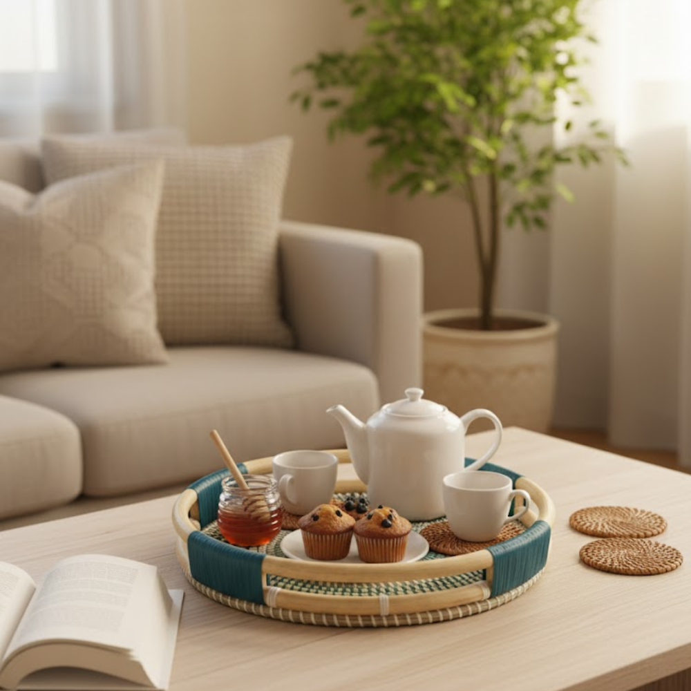 boho-style-round-rattan-serving-tray-with-seagrass-from-vietnam-4 Round Rattan Serving Tray