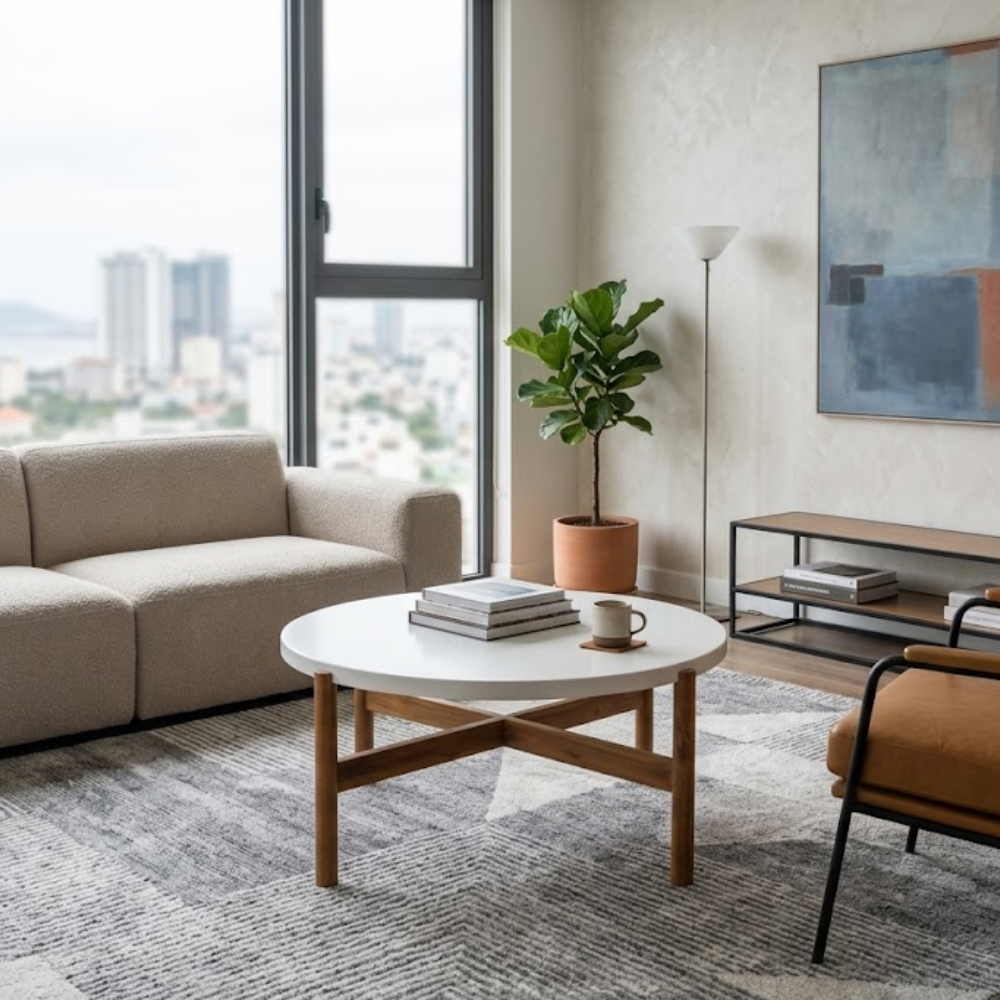 scandinavian-round-coffee-table-with-terrazzo-top-wooden-x-leg-8 Round Terrazzo Coffee Table